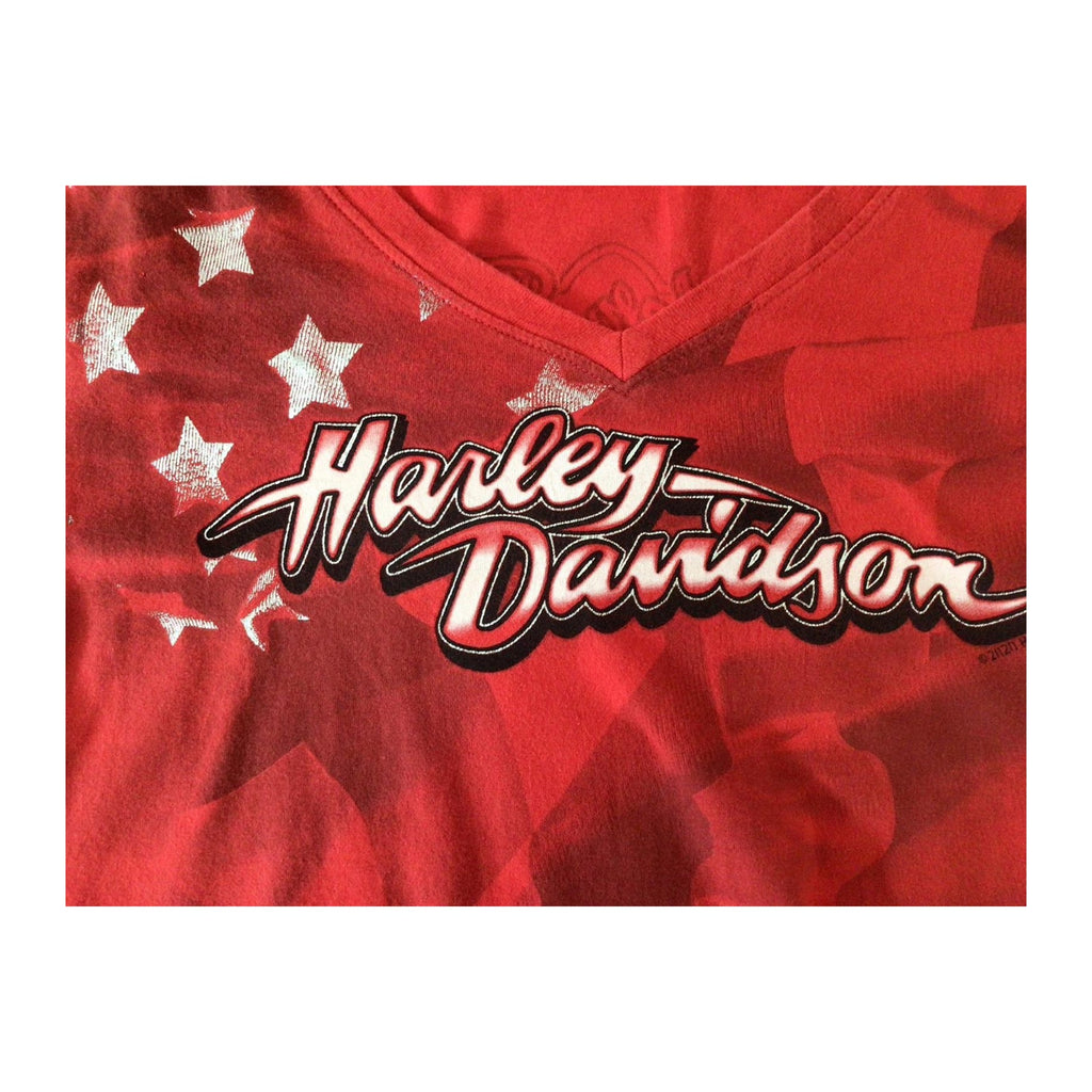 Vintage Harley Davidson Women's Mother Road Stars and Stripes Short Sleeve Red L
