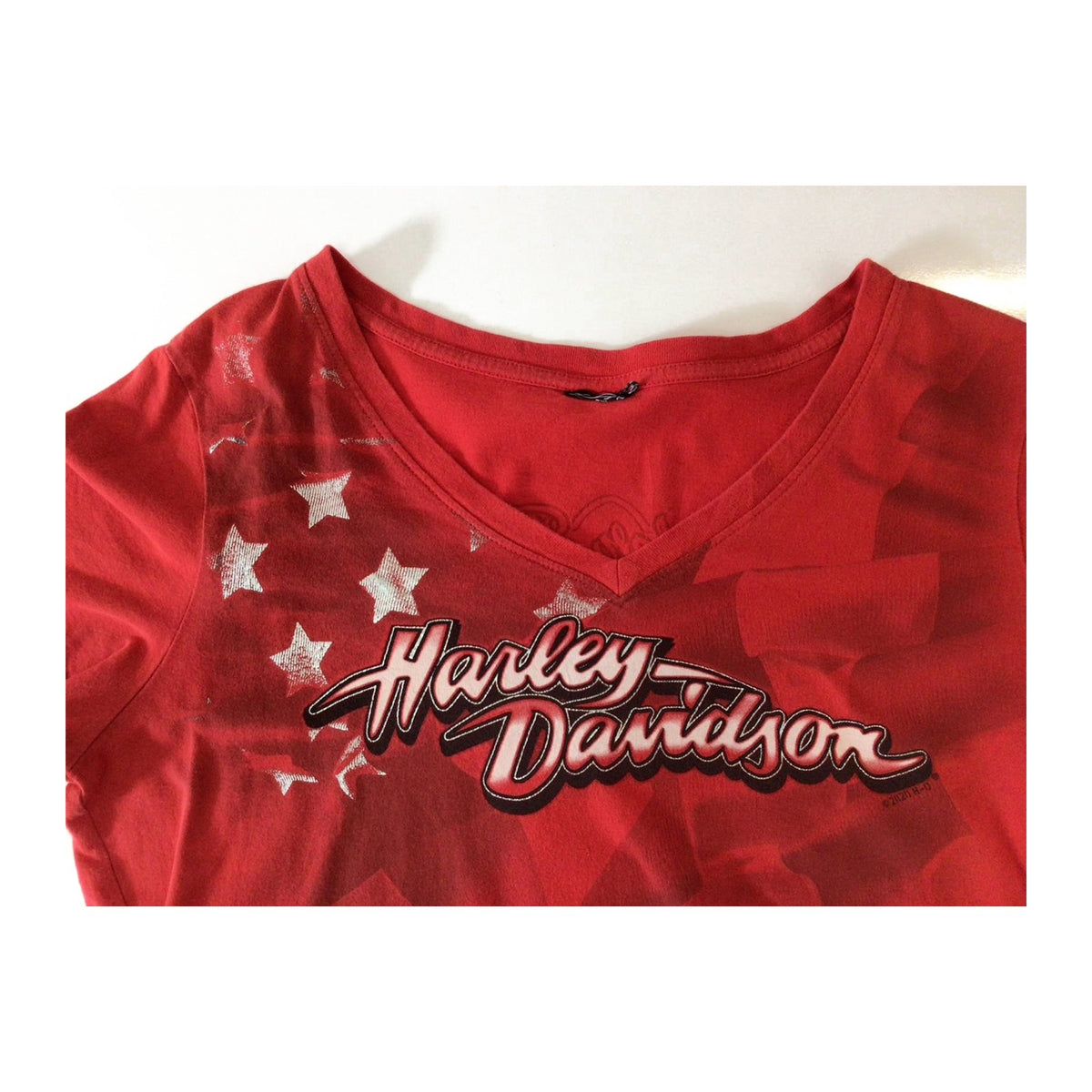 Vintage Harley Davidson Women's Mother Road Stars and Stripes Short Sleeve Red L