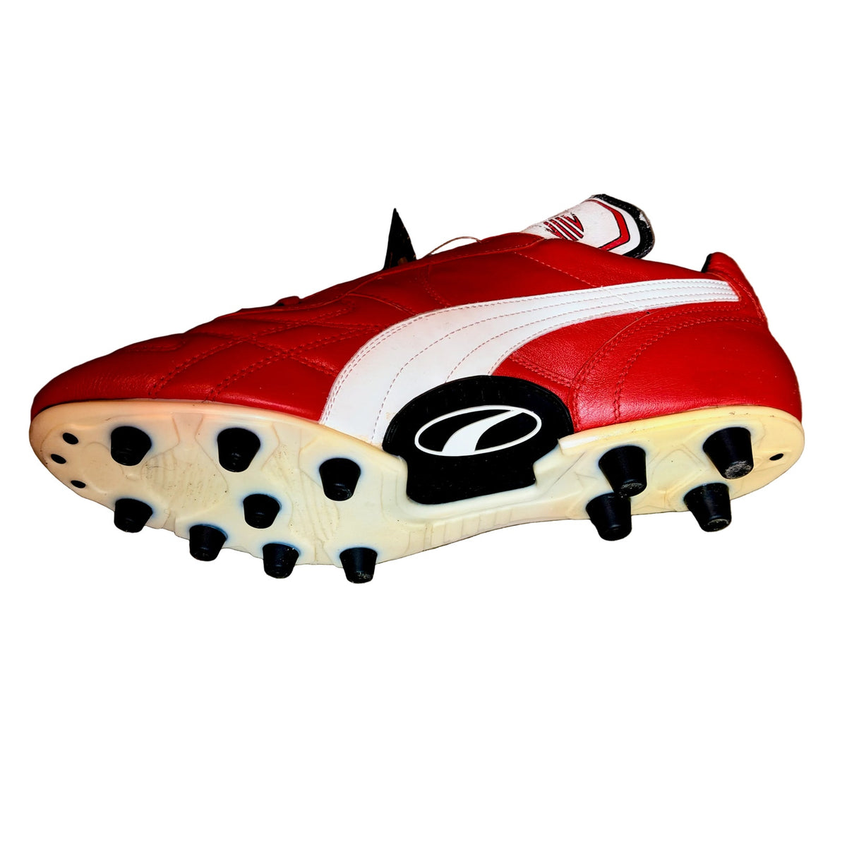Vintage Puma King OG football boots in red/white, signed on both boots.