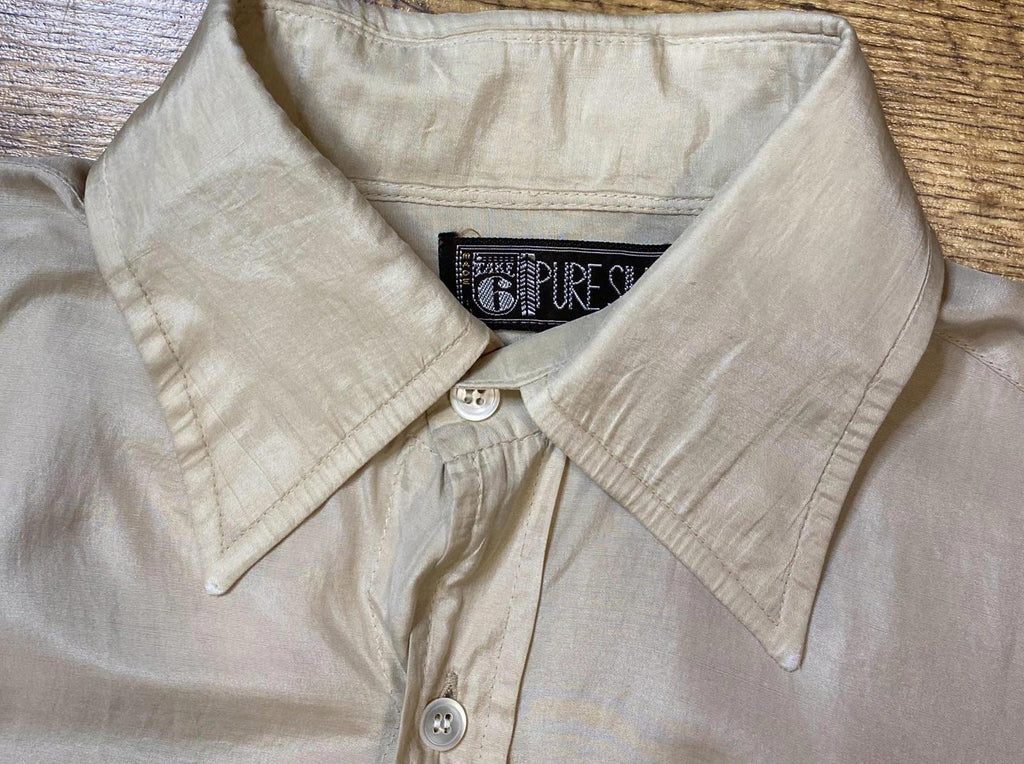 Vintage 70s Take 6 Pure Silk Button Up Dress Shirt Cream L