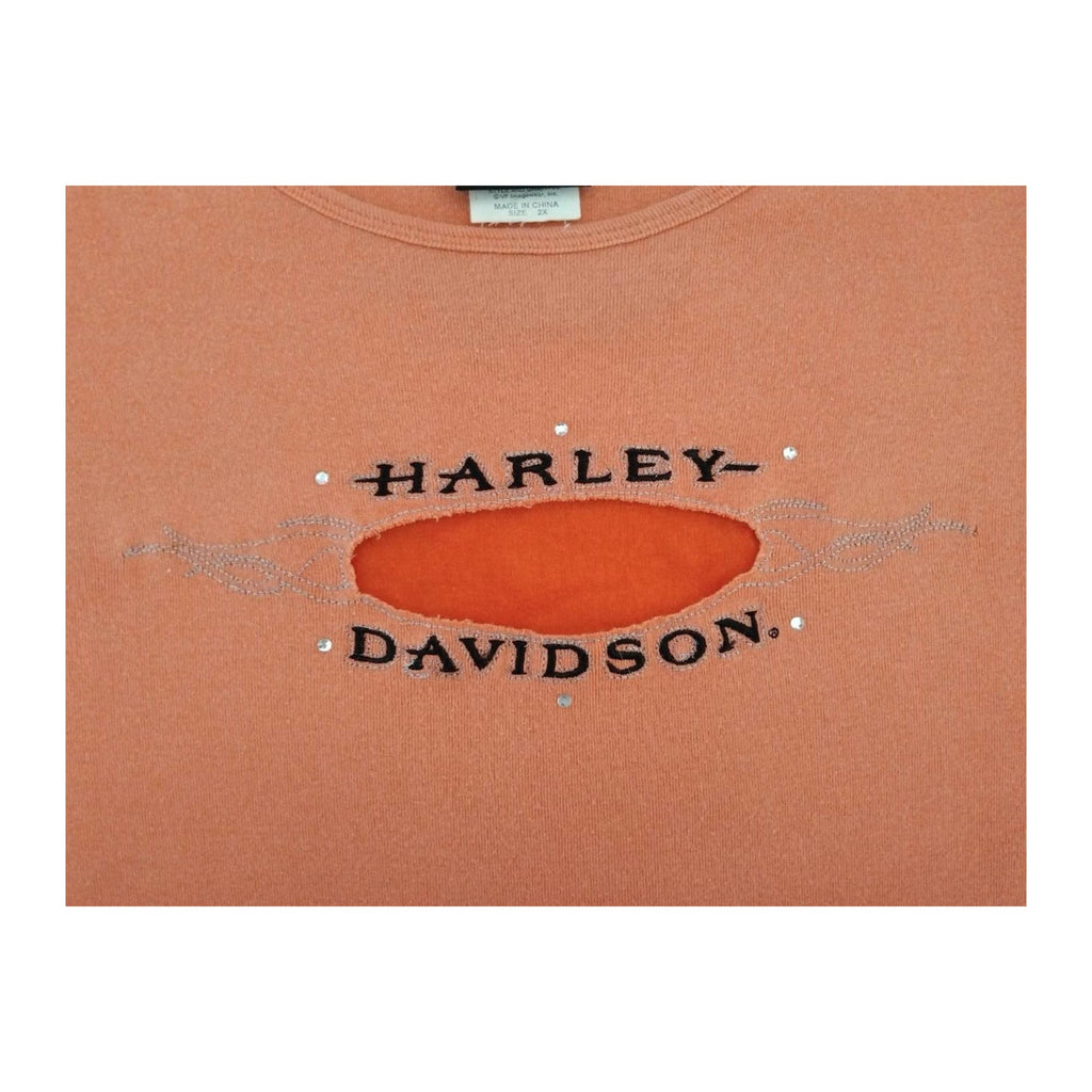 Vintage Harley Davidson Women's Peakaboo Cutout Short Sleeve T Shirt Apricot 2XL