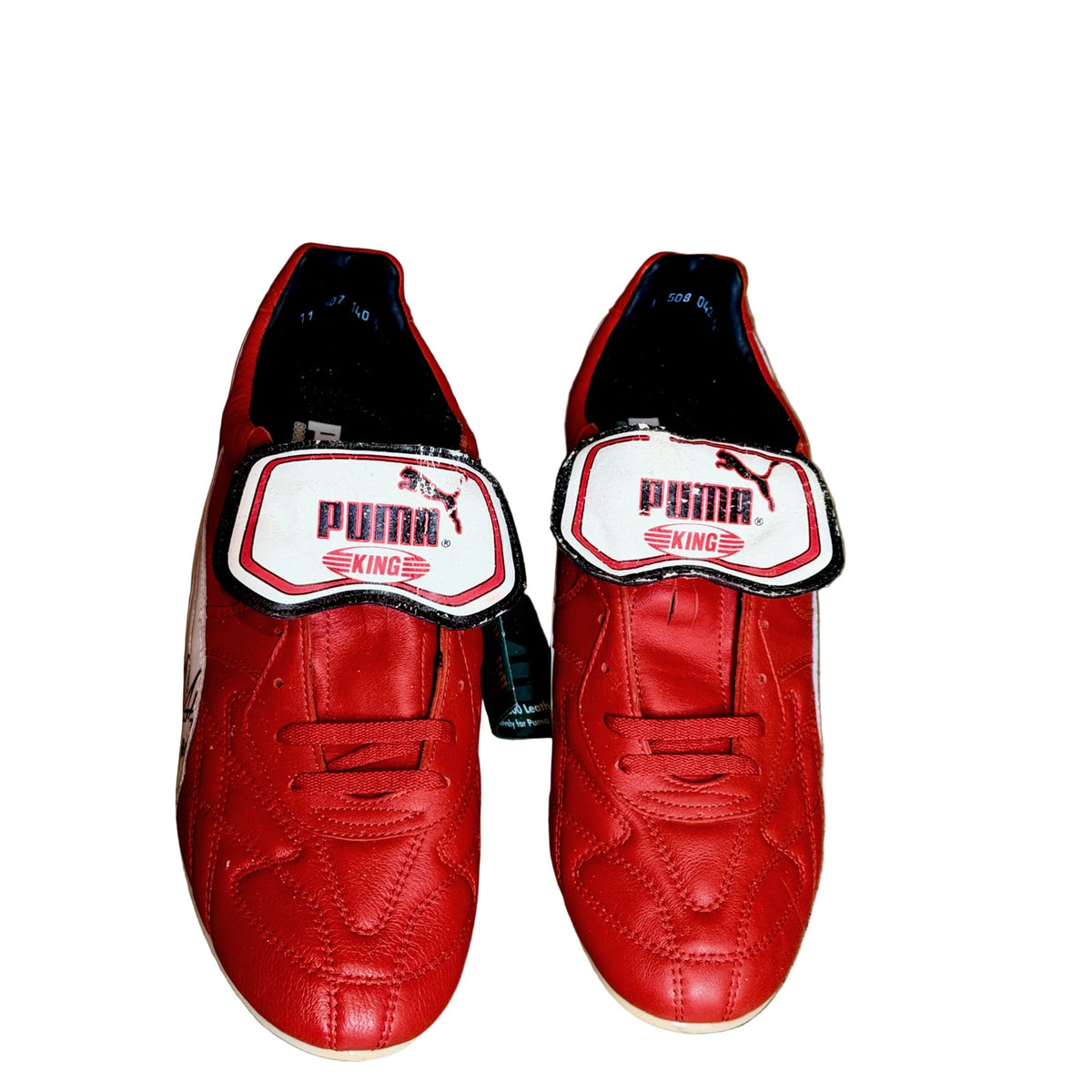 Vintage Puma King OG football boots in red/white, signed on both boots.