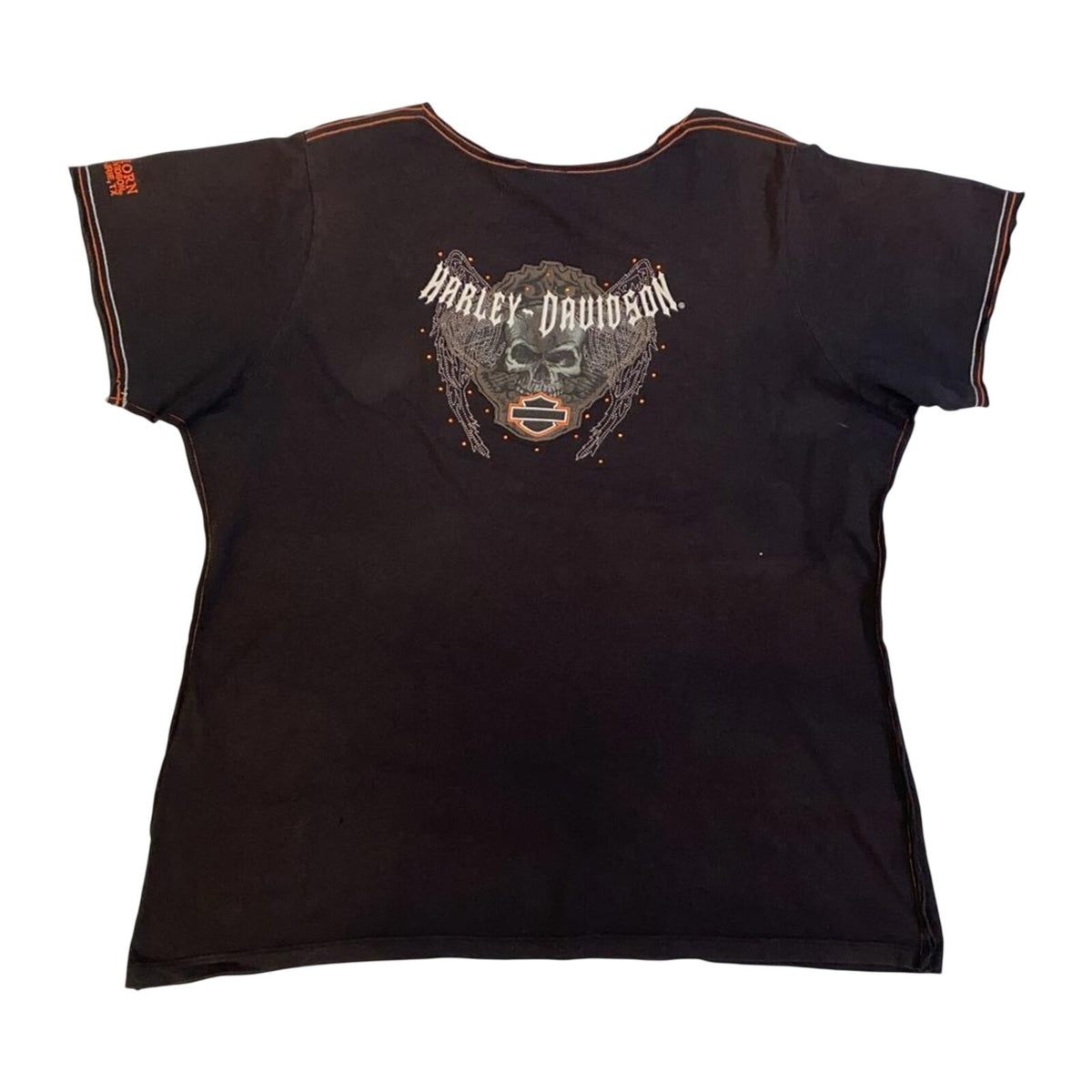 vinatge Harley Davidson Women's Rhinestone Skull Short Sleeve T Shirt Black 2XL