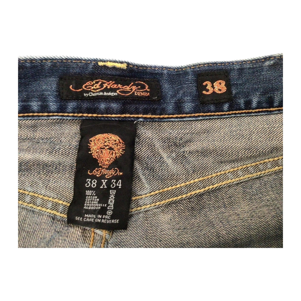 Ed Hardy Y2K Embroidered Distressed Denim Jeans W38 L34