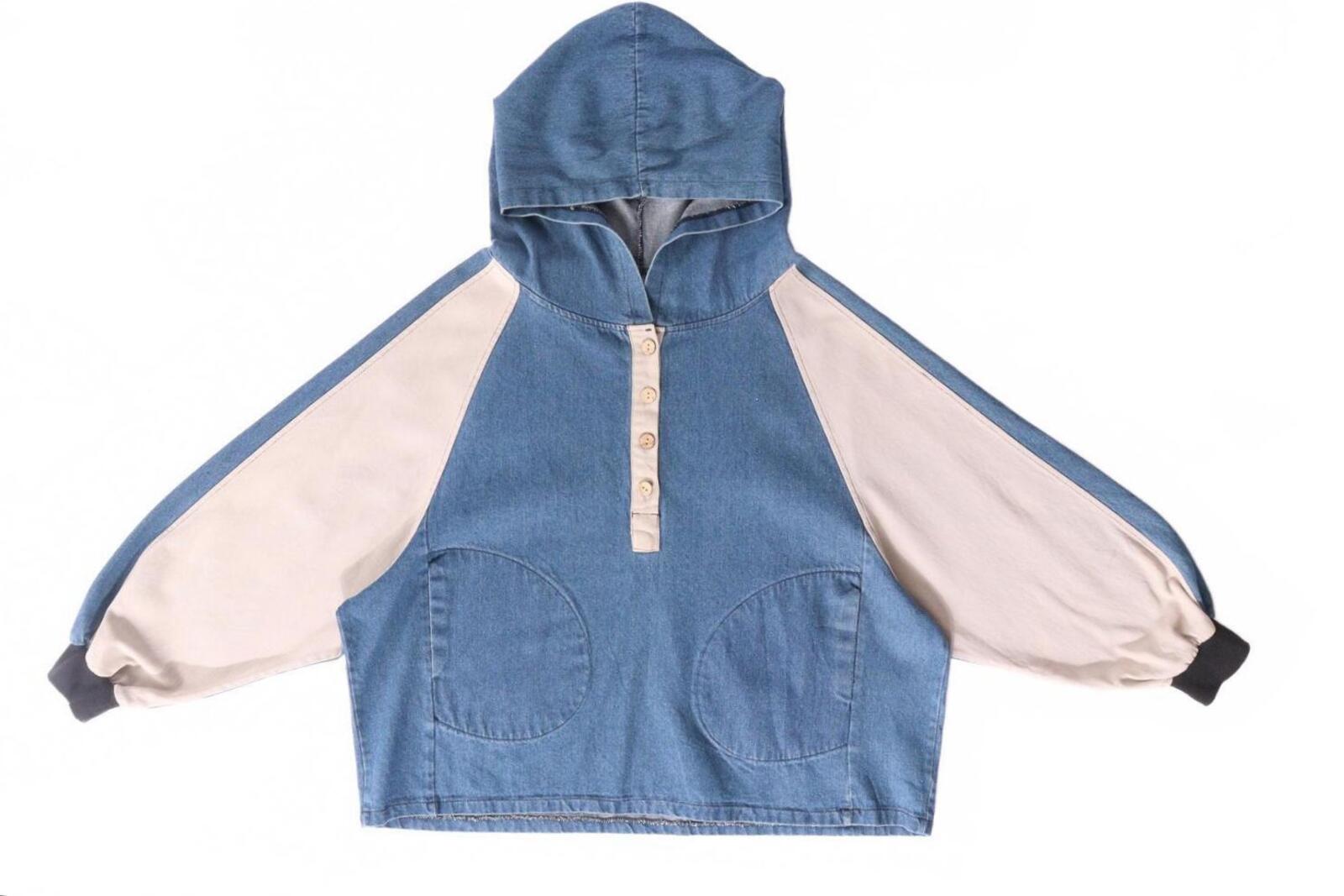 Y2K Women's Denim Hooded Color Block Jacket Beige L