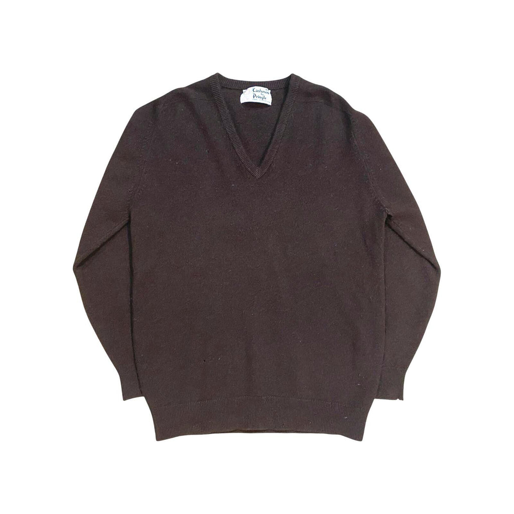 Pringle True Vintage 1980s Made in Scotland Men's Cashmere V Neck Sweater Brown M