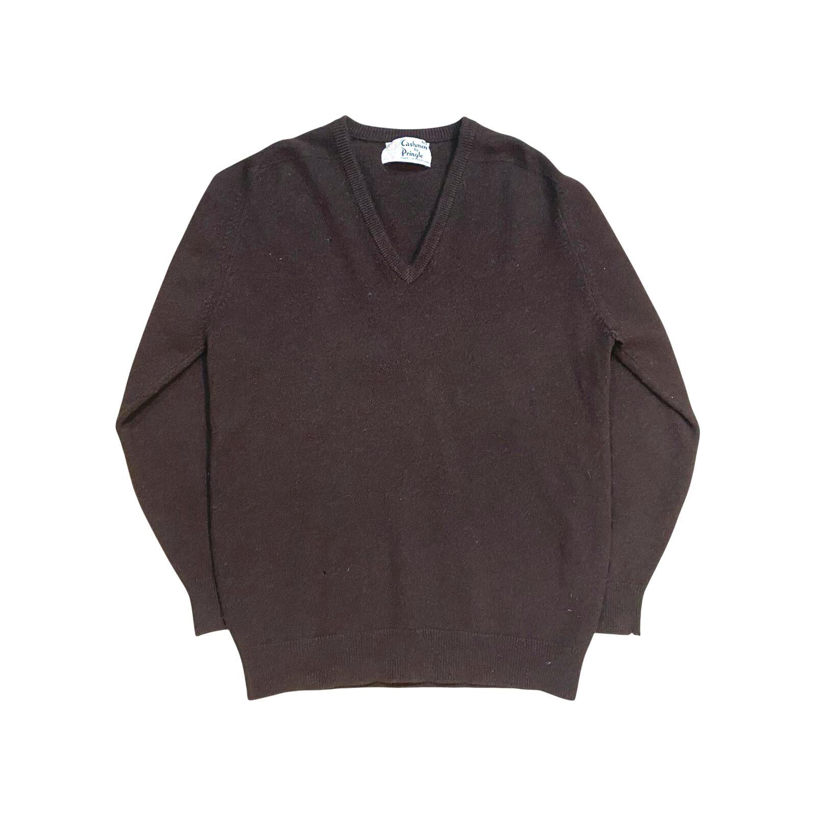 Pringle True Vintage 1980s Made in Scotland Men's Cashmere V Neck Sweater Brown M