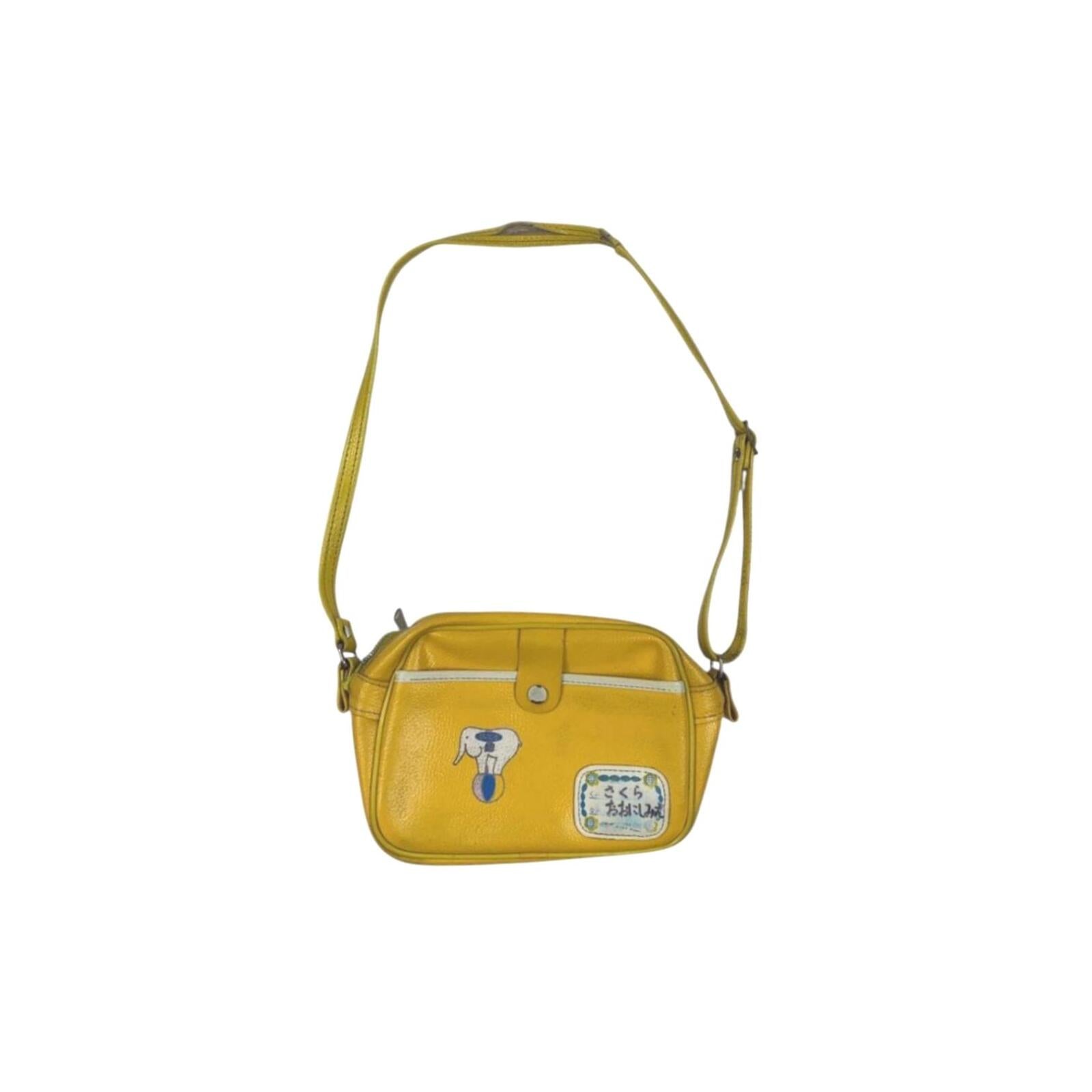 Japanese Vintage Leather School Shoulder Bag Yellow